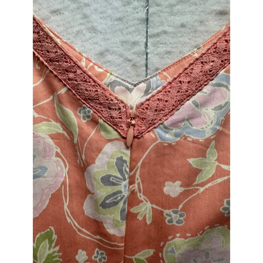 Sigrid Olsen Floral V-Neck Mini Dress Coral Pink Lace Trim Sleeveless Athleisure